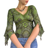 Khaki Vintage Print V Neck Flare Long Sleeve Y2K Tops Cute E Girl Fairy Grunge Aesthetic Graphic T Shirts for