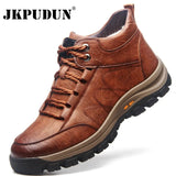 Warm Men's Snow Boots Leather Men's Ankle Boots Plush Men's Winter Boots Soft Sole Comfortable Men's Outdoor Hiking