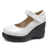 Breakj And Autumn Women's Shoes Thick Bottom Slope And Shallow Single Shoes High Heels Ladies Leather Shoes Magic Stick Round Head Loose Cake Middle-Naught Mother
