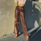 High Waist Brown Faux Leather Pants 2021 Fashion Autumn Winter Lady PU Loose Straight Trousers Elegant Pocket