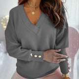 Fashion New Simple V Neck Solid Color Bottoming Tops Casual Long Sleeves Button Slim Pullover Elegant Office Lady
