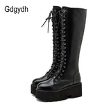 Chunky Platform Heels Pu Leather Knee High Boots Women Retro Punk Long Boots Woman Lace Up Booties Mujer 2021 New