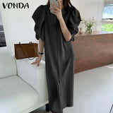 Women's Summer Dress VONDA 2022 Vintage Round Neck Plain Party Dress Loose Summer Shirts Dresses Femme Robe Casual