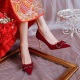 Stilettos Wedding Shoes Girls Autumn And Winter 2023 New French Bow Wine Red High-Heeled Shoes Toast Without