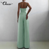 Women Sexy Straps Sleeveless Thin Jumpsuits Celmia Satin Wide Leg Pants Summer Pleated Party Overalls Backless Long