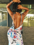 Casual Summer Beach Women Long Strap V Neck Bohemian Bodycon Dress 2022 Sexy Club Party Print Backless Wrap