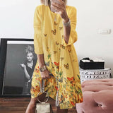 Women Autumn buttertly leaf Print long sleeves Dresses Elegant casual O Neck Knee-length Dress Summer loose Dresses