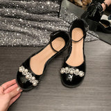 Breakj New Shallow Mouth Thick With Rhinestone Pearl Sandals Women A Word With Round Head Korean Version Single Shoes Mary Jane Women's