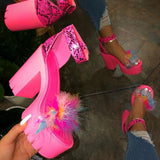 Breakj Hot Selling Explosion Waterproof Table Hairy Thick Sandals Women's New Word Buckle Thick Heel