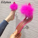 2022 New PVC shoes Woman Feather Transparent High heels Fur Pumps Slippers Women Peep toe Mules Lady Pumps Slides