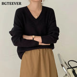 Elegant V-neck Knitted Women Sweaters Full Sleeve Loose Female Pullovers Jumpers Autumn Winter Thick Ladies