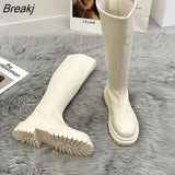 Autumn Winter Women Long Boots PU Leather Ladies Zipper Knight Flats Heel Boots Fashion Non Slip High Heel Knee-high