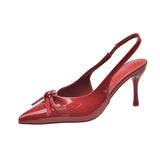 Breakj 2025 New Women's Shoes Red Bow Decorated High-Heeled Muller Shoes After The Tip Of The Stumbling Striped Sandals Women's
