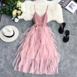 New Women Tulle Dress Summer Mesh Dress Summer High Waist Hem Asymmetrical Pleated Fairy Dress Female Slim