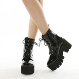 Platform Ankle Boots Ladies Patent Leather Chunky Pump Female High Heels Women's Lace Up Woman Gothic Punk Shoes Plus