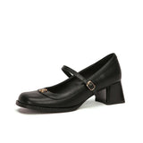 Breakj Mary Jane Shoes Female Camellia Thick Heel Single Shoes Hepburn Wind Professional Single Shoes Women's Word Buckle Square Head