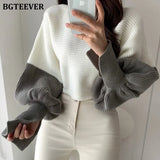 2020 New Autumn Winter Patchwork Short Sweaters Casual O-neck Lantern Sleeve Loose Warm Female Knitted Tops