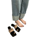 Breakj Version Of Fine Belt Combination One Word Soft Leather Square Head Slippers Female Open Toe Flat Bottom Beach