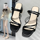 Women Peep Toe Casual Bow Knot Pot Square Heels Summer Slipper Slip on Breathable Beach Summer Sandals Shoes