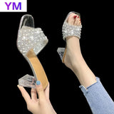 Silver Champagne Women's Sandals Summer New Shoes Pearls Clear Heel Open Toe Comfort Pvc Sexy Square Heel Zapatillas Casa