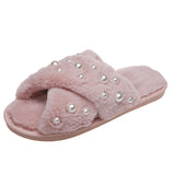 2024 New Flat-Bottomed Pearl Cross Wool Slippers Woman Candy Colored Cotton Slippers