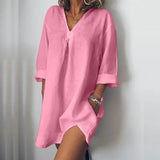 Plus size Pocket Half Sleeve Cotton Linen Dress Women 2019 Summer sexy V-neck split Mini Dresses Femme beach style Dress