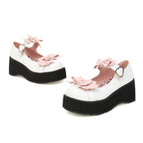 Spring Women Cute Bow Platform Lolita Shoes Strap Cosplay Wedges Thick Sole Pumps JK Uniform Black Brown White Plus Size