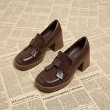 British Style Women's Shoes Fashion Loafers Spring Autumn Bow-knot Square Toe Chunky High Heel Brown Small Leather