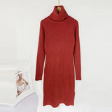 Solid Knitted Long Dress Women Autumn Winter Turtleneck Long Sleeve Sweater Dress Lady Split Loose Casual Dress