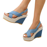 Breakj Summer Platform Platform Sandals Denim Cross Buckle Beach