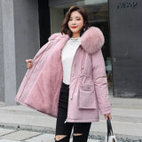 Large Fur Collar Hooded Jacket Winter Coat Women Thickness Cotton Padded Overcoat -30 Degree Snow Outwear Fur Lining