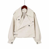 New Arrivals Women Faux Leather Jacket Pu Motorcycle Biker Beige Leather Coat Fashion Turndown Collar Loose