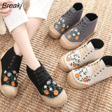 Women Handmade Vintage Embroidered Flats Booties Shoes High Top Lace Up Canvas Sneakers Female Linen Casual Leisure