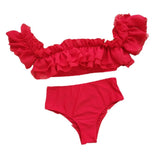 2025 New Lotus-Side High-Waisted Bikini Bikini Solid-Colored Shoulder-Print