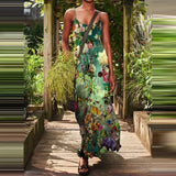 Women Sexy Sleeveless Off-shoulder Loose Sling Dress Casual Printed Green Series Elegant Slim Bohemia Beach Party