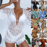 2025 Long-Sleeved Mesh Yarn Waist-Joined Swimsuit High-Waisted Print Rope Three-Piece