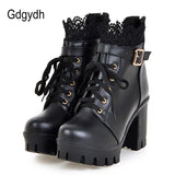 Wholesale Lace Ankle Boots Thick High Heels Women Boots Sexy Lacing Round Toe Platform Ladies Shoes Large Sizes
