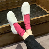 Warm Winter Shoes Cute Bow Women Ballet Flats Soft Fur Padded Cotton Shoes Woman Ankle Snow Boots Slip on Furry Slides