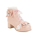 Chunky High Heel Lolita Shoes Butterfly-knot Cloth Plush Inner Women Cosplay Princess Ankle Boots Winter Autumn Pink White