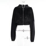 Y2K Velvet Batwing Sleeve Zipper Hooded Jacket Women Autumn Loose Sports Purple Cropped Coats 2021 Streetwear