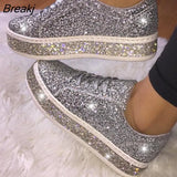 Women Vulcanize Shoes Sneakers Sliver Bling Shoes Girl Flat Glitter Sneakers Casual Female Breathable Lace Up Sport