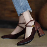 Breakj And Autumn New High-Heeled Women's Velvet Face Retro Head Thick Heel Cross-Buckle With Korean Version Of Shallow Mouth Mary Jane Single Shoes