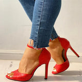 Pumps Snake Wedding Sandals Summer High Thin Heels Ankle Buckle Strap Pointed Toe Black Red Sexy Party Ladies