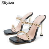 Clear PVC Transparent High Heel Slippers Summer Fashion Chain Design Slip On Square Toe Slides Women Mules