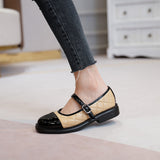 Strap Mary janes camellia flower embroider flat shoes leather patchwork lolita flats women round toe plaid loafers size