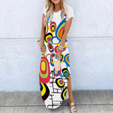 Summer New Fashion Striped Strapless Dress Loose Round Neck Short Sleeve Long Dress Casual Elegant Moon Star Printing