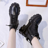 Toe Med Heel Boots Women Shoes Autumn Boots-women Booties Ladies Lace Up Luxury Designer Lolita Black 2020 Rubber