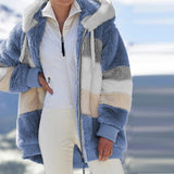 Coat New Plush Warm Fashion Patchwork Zipper Pocket Hooded Jacket Female Long Sleeve Plus Size Parka Outerwear