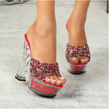 Breakj Glass Hotel Rhinestone Thick With Banquet Slippers Female Summer Transparent Waterproof Platform Thick Bottom Sexy