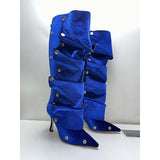 Breakj New High Heel Pointed Metal Rivet Jeans Splicing Two Wear Pile And Knee Boots Large Size Women's